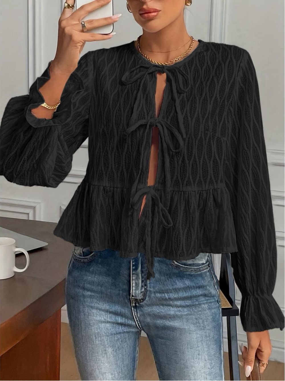 Kohl's Black Tie-Front Textured Peplum Blouse NWOT